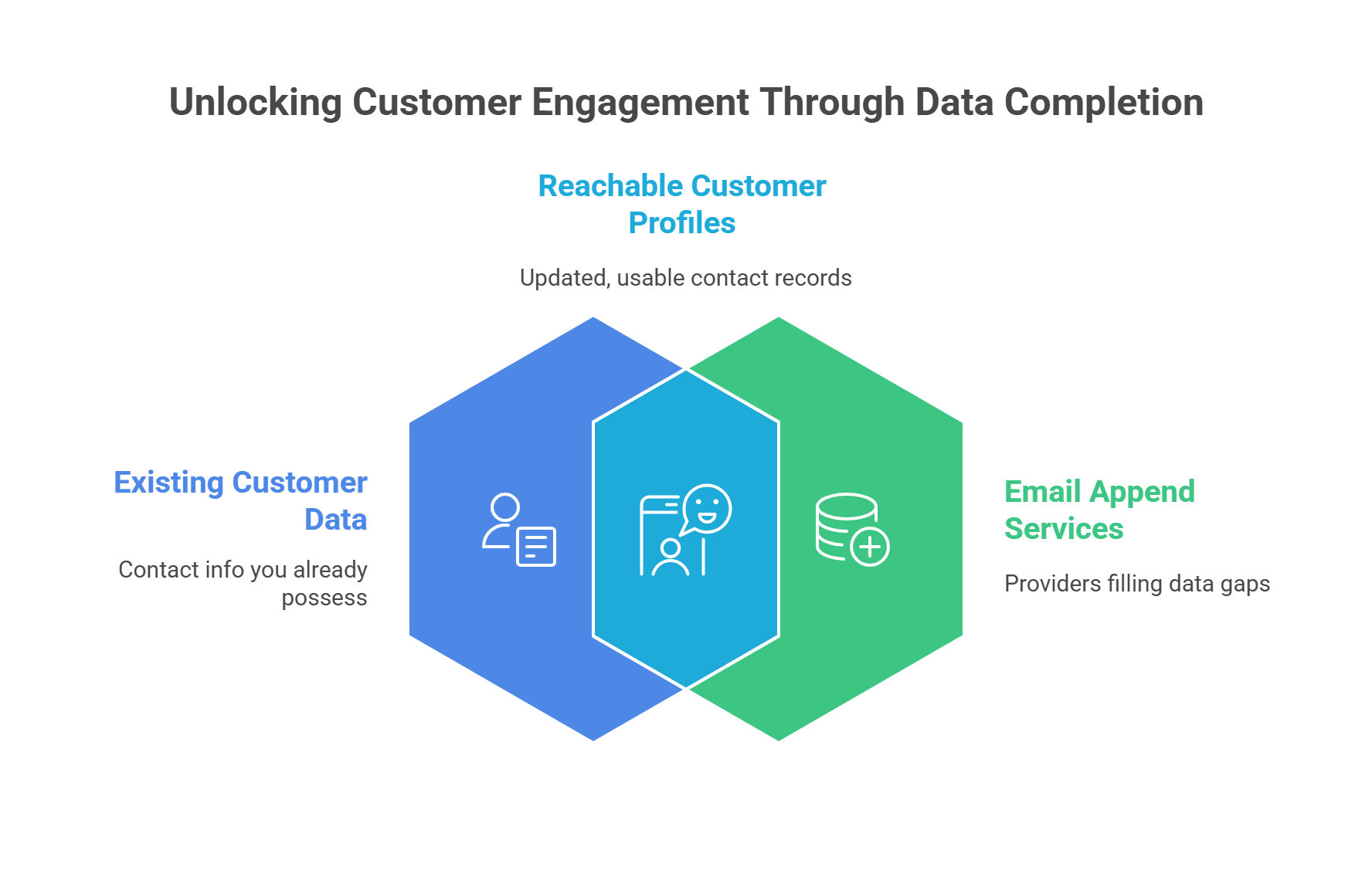 A diagram showing two overlapping hexagons labeled Existing Customer Data and Email Append Services, with the intersection labeled Reachable Customer Profiles. Each section has related icons and brief descriptions.