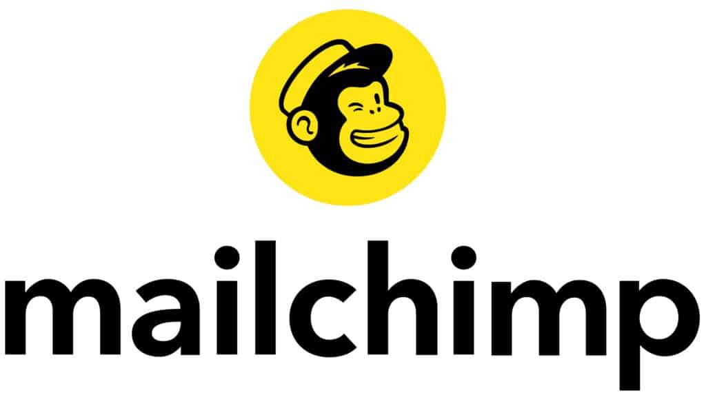 Mailchimp logo featuring a smiling chimpanzee head wearing a hat in a yellow circle above the word mailchimp in bold, black lowercase letters.