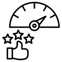 A gauge with the needle pointing to the right, above three stars and a thumbs-up symbol, representing positive feedback or high performance.