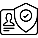 Black and white icon of an identification card with a silhouette of a person on the left and a large shield with a checkmark on the right, symbolizing security or identity verification.