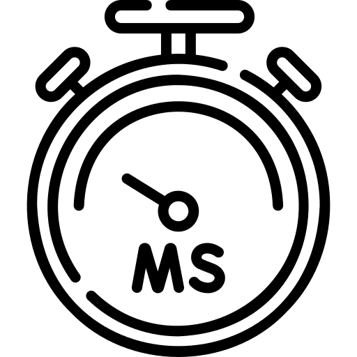 Black and white line drawing of a stopwatch with MS in the center, indicating milliseconds. The stopwatch has two buttons on top and simple, bold outlines.