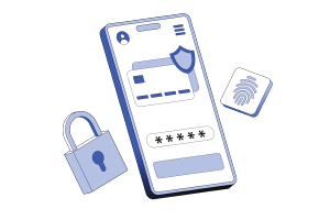 Illustration of a smartphone screen displaying a credit card icon, password entry, and a shield for security, with a fingerprint icon and padlock nearby, symbolizing digital security and safe access to mailing lists.