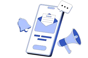 Illustration of a smartphone displaying an email, accompanied by a notification bell, a speech bubble with three dots, and a megaphone, symbolizing digital communication, mailing lists, and notifications.