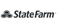 State Farm logo with three interlocking ovals on the left and bold black "State Farm" text on the right, set against a light gray background, representing trusted customer data services.