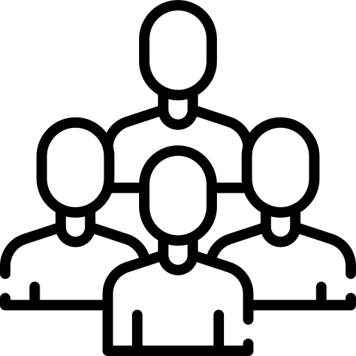 Simple black outline icon of four people, with one person in front and three positioned behind, representing a group or community—ideal for visualizing audience data.