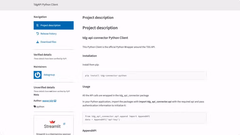 Screenshot of a documentation page for the tdg-api-connector Python Client, showing sections for project description, installation, and usage instructions, with a navigation menu on the left.