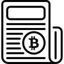 A black and white icon of a newspaper with a Bitcoin symbol on it, representing news or information related to cryptocurrency.